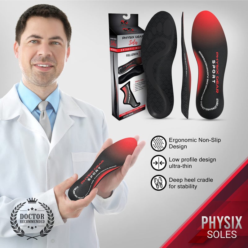 Physix Gear Sport Physix Gear Orthotic Insoles for Men & Women - Arch Support Orthotics Insole, Orthopedic Insoles, Inserts for Men & Women, Foot Insoles for Plantar Fasciitis Comfort, Shoe Insert, Feet, Red/Black, S - Image 4